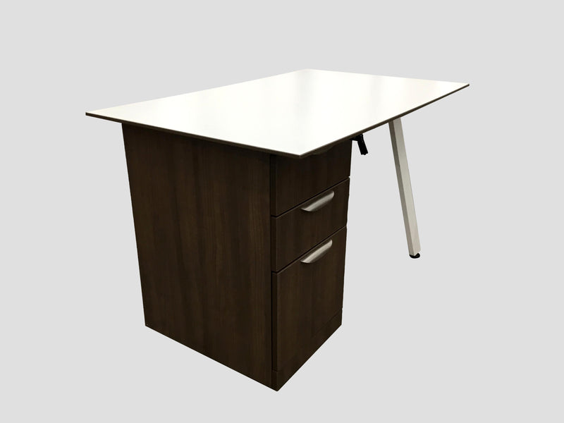 Straight OfficeSource Desk With White Laminate Beveled Edge Top and 3 Drawer B/B/F pedestal - 30"D x 48"W