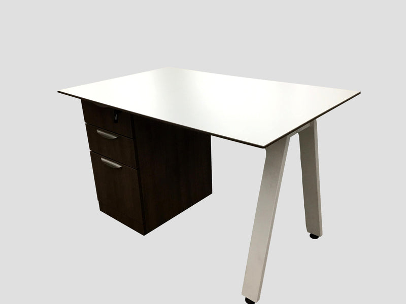 Straight OfficeSource Desk With White Laminate Beveled Edge Top and 3 Drawer B/B/F pedestal - 30"D x 48"W