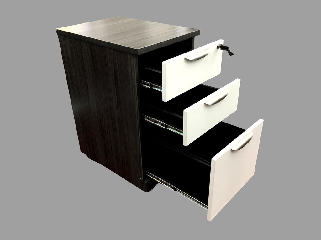 OfficeSource OS Laminate Collection 3 Drawer Mobile Pedestal – Box/Box/File Coastal Gray w/ White Drawers