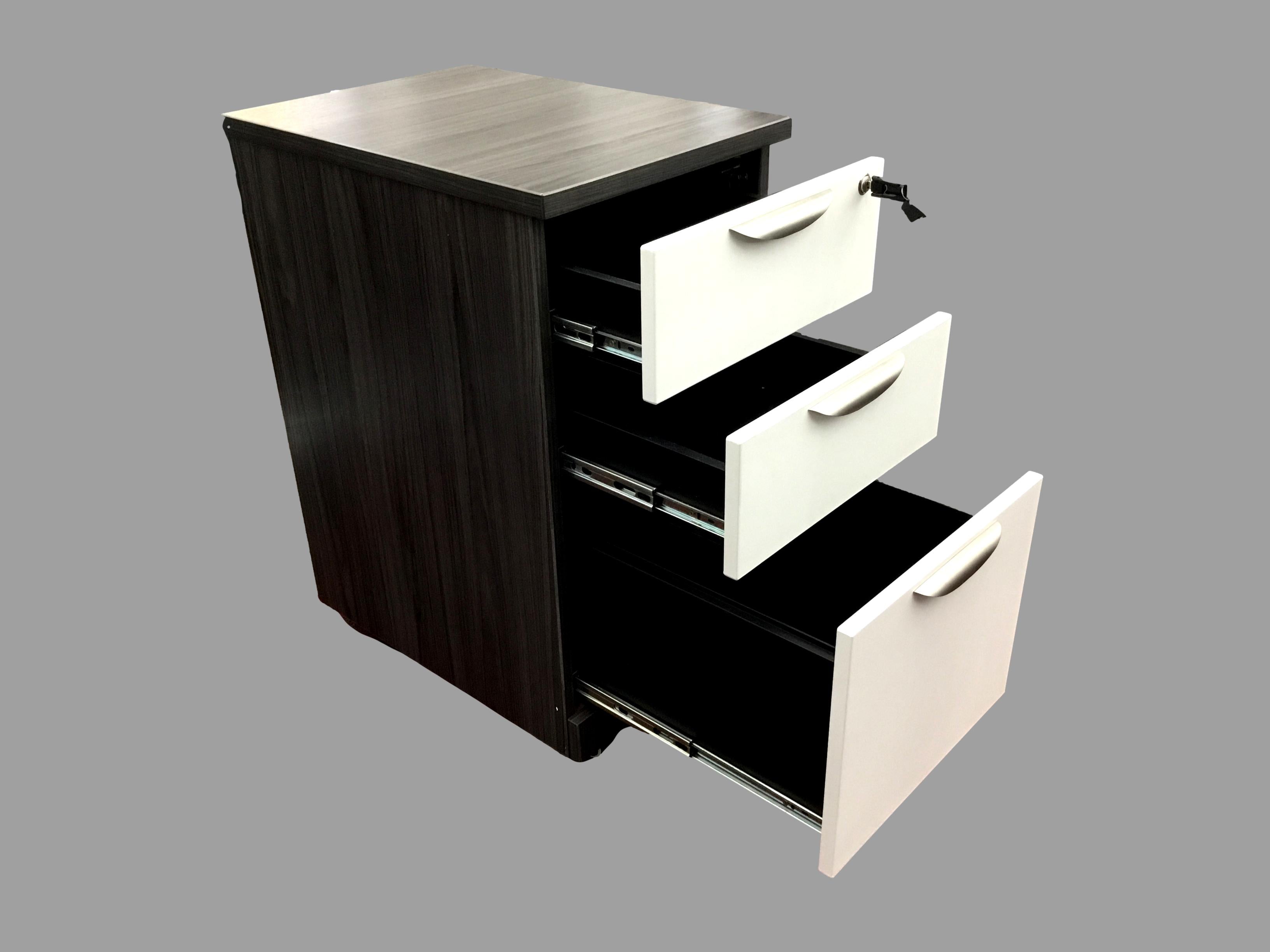 OfficeSource OS Laminate Collection 3 Drawer Mobile Pedestal – Box/Box/File Coastal Gray w/ White Drawers
