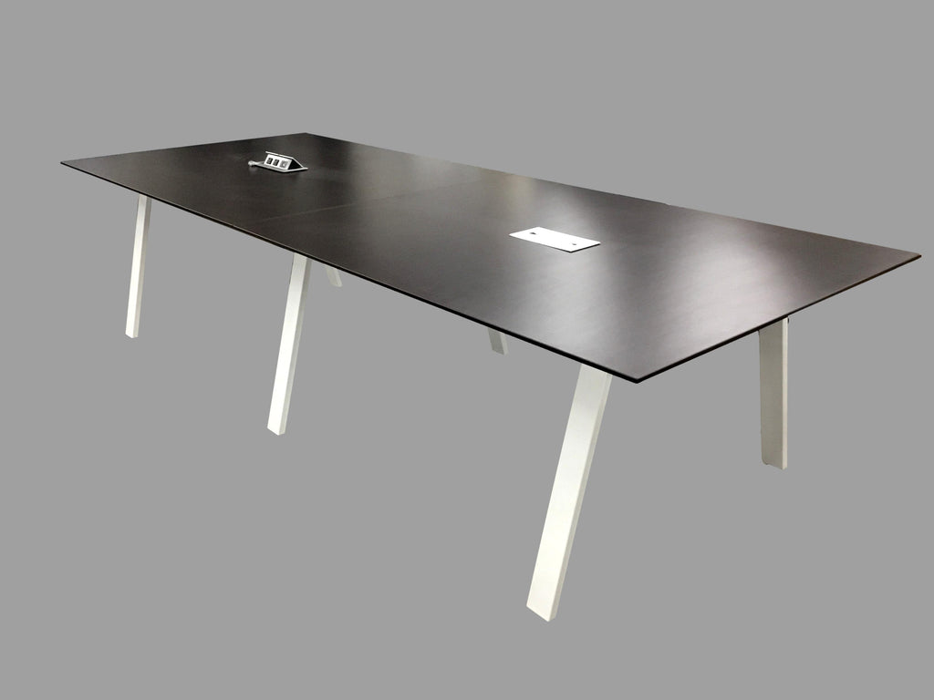 Espresso Beveled Edge Conference Table With White Metal Oblique Legs - 4' x 10'