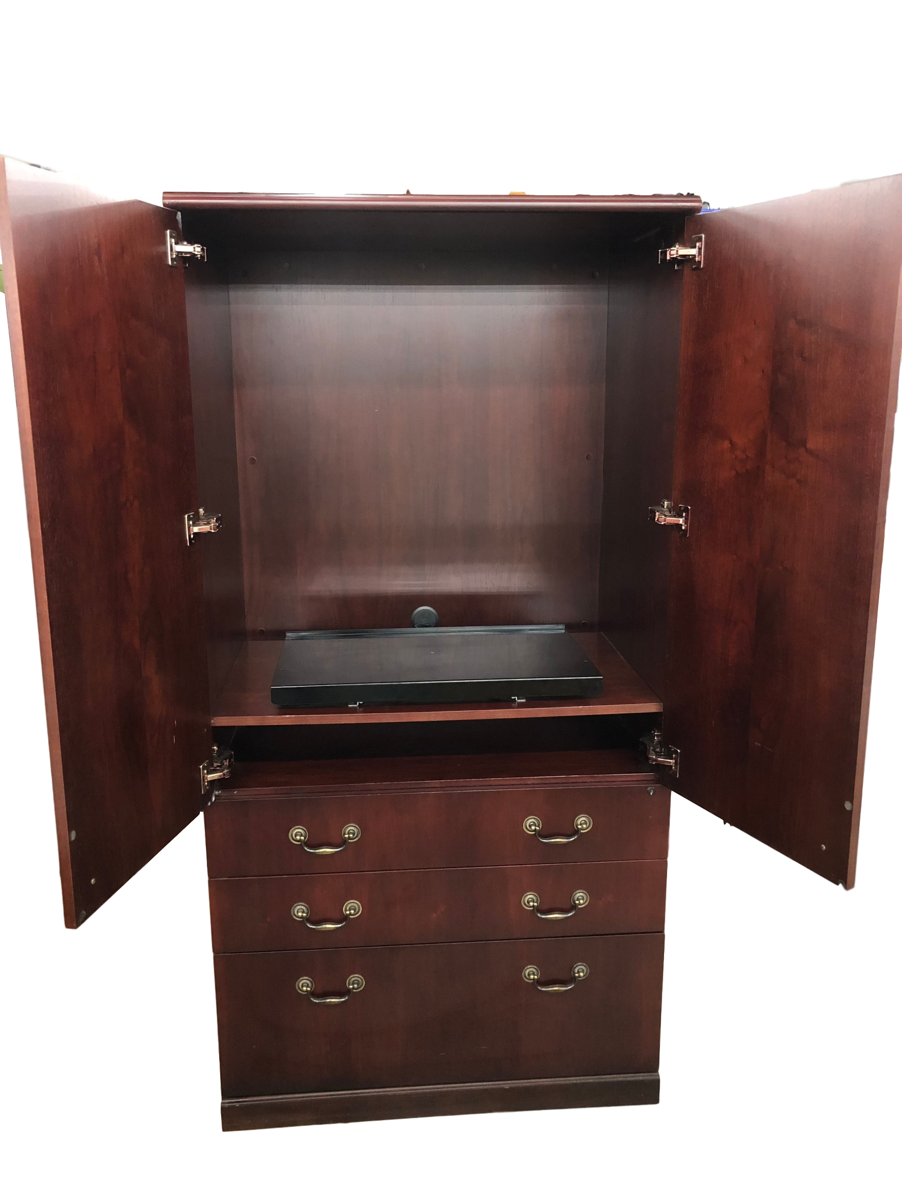 Pre-Owned Mahogany Veneer Storage Entertainment Center Cabinet