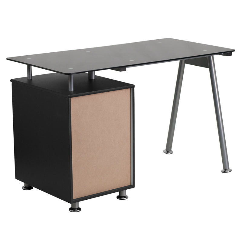 Black Glass Computer Desk with Three Drawer Pedestal - 23 1/2" D x 47 1/4" W