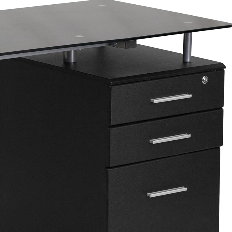 Black Glass Computer Desk with Three Drawer Pedestal - 23 1/2" D x 47 1/4" W