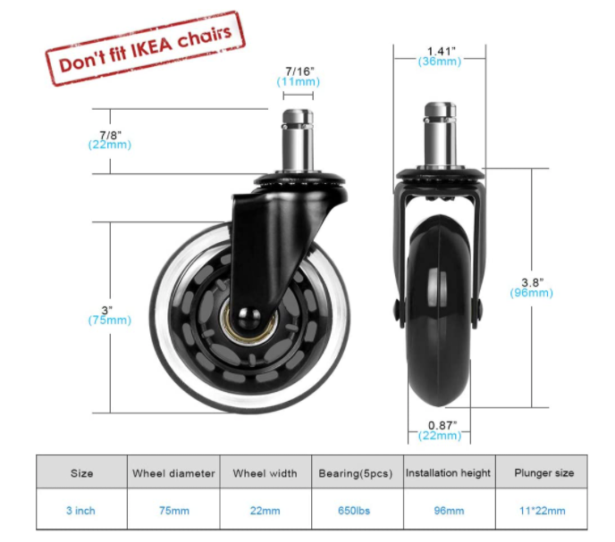 3" Rollerblade Style, Heavy Duty, Office Chair Casters