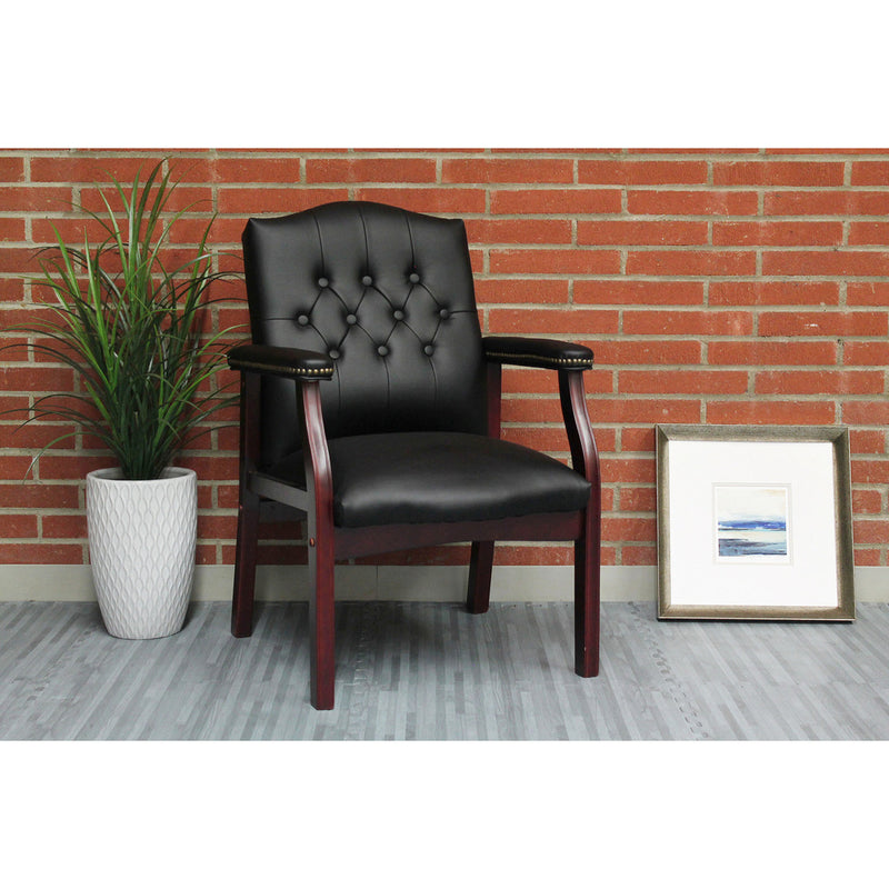 Office Source Guest Chair In Oxblood or Black Vinyl and Mahogany Frame