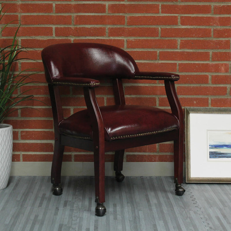 New OfficeSource Lancaster Oxblood with Mahogany Frame Guest Chair with Wheels