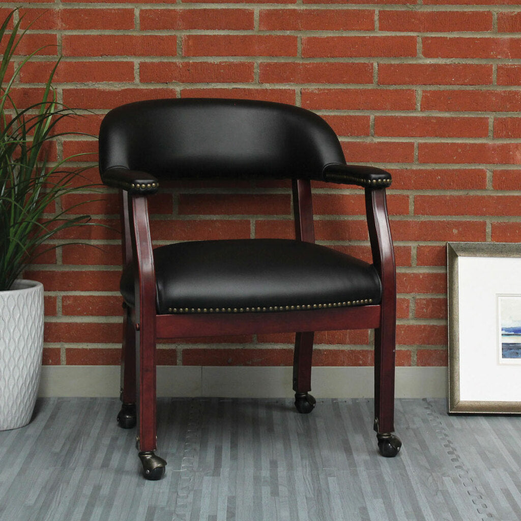 New OfficeSource Lancaster Oxblood with Mahogany Frame Guest Chair with Wheels