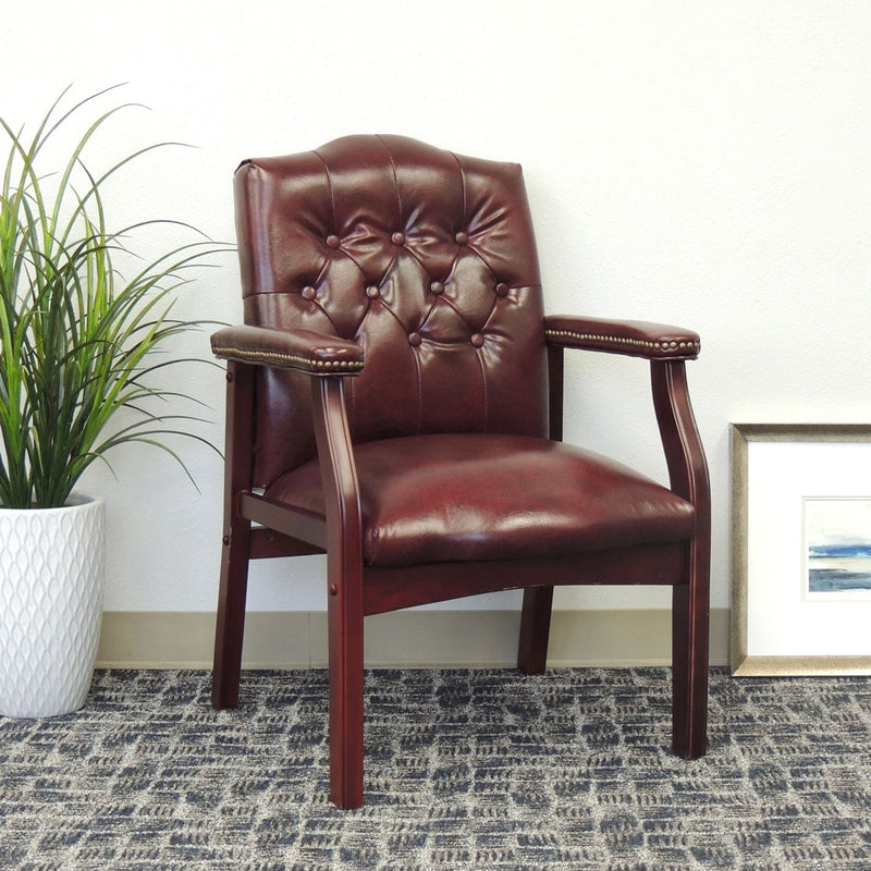 Office Source Guest Chair In Oxblood or Black Vinyl and Mahogany Frame